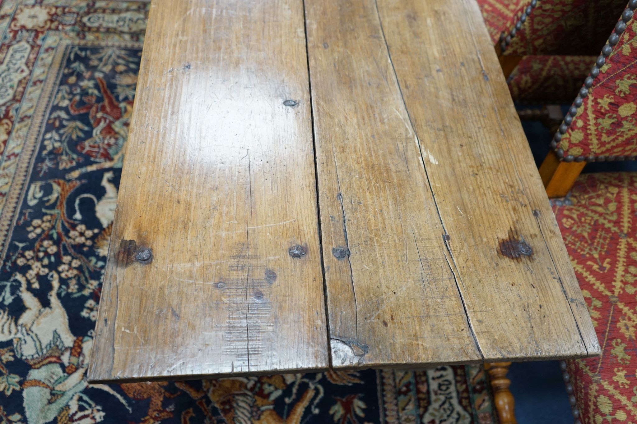 An 18th century style French Provincial fruitwood two drawer low table, width 95cm, depth 59cm, height 60cm